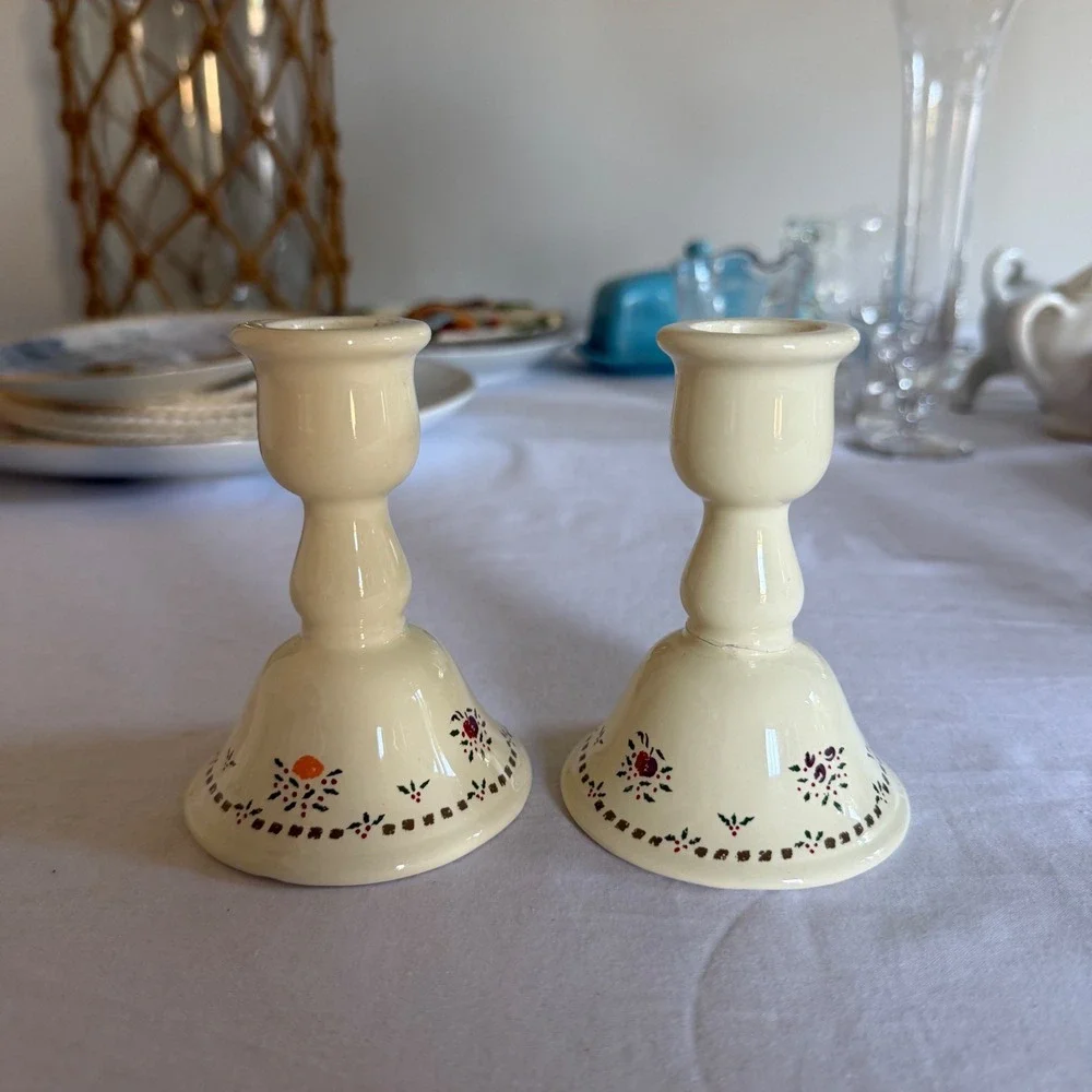Vintage Colonial‎ Candle Ceramic Candlestick Holders Floral Holly Cottagecore